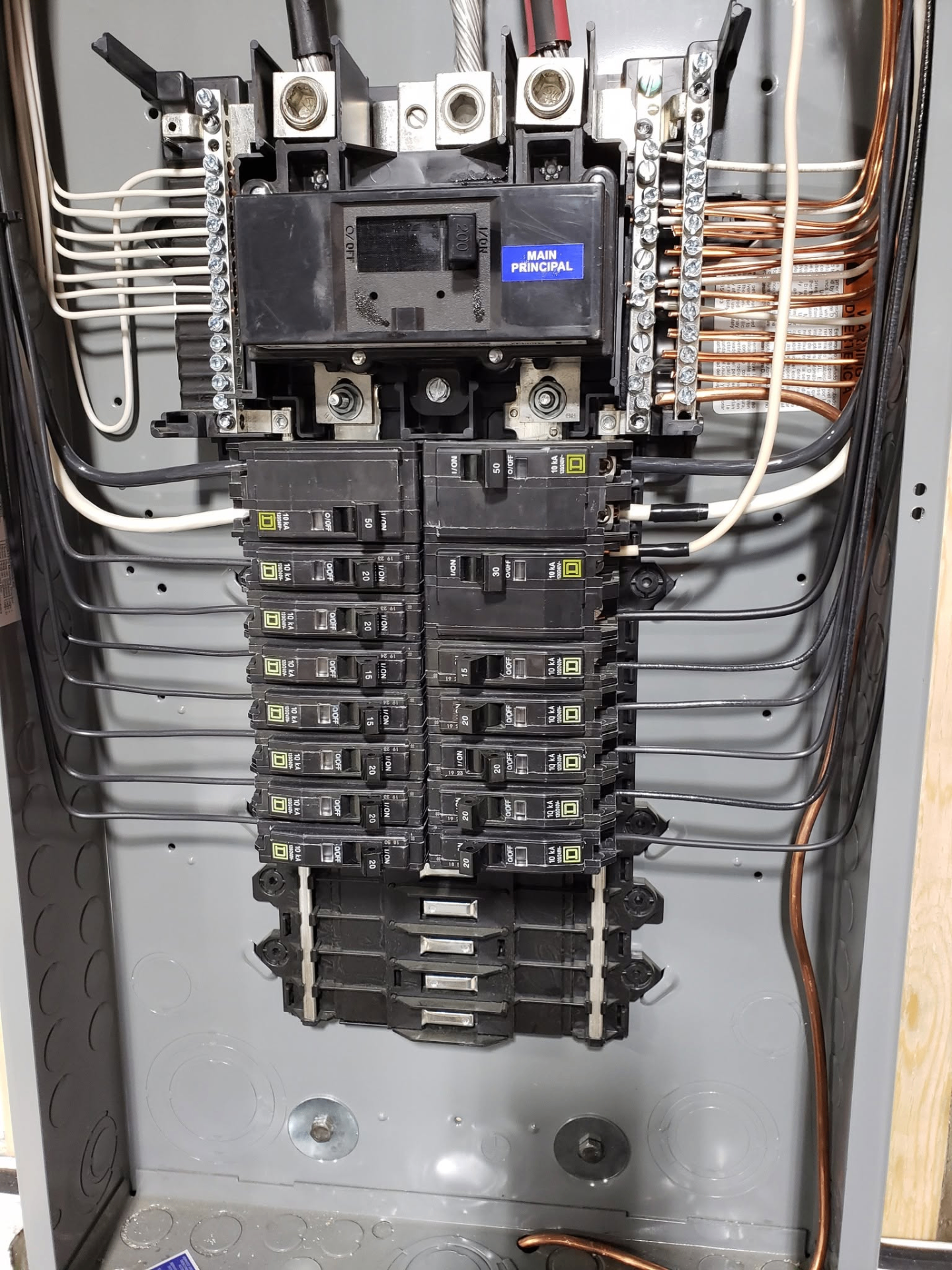 Close-up of a main breaker panel with neatly terminated branch circuits and grounds